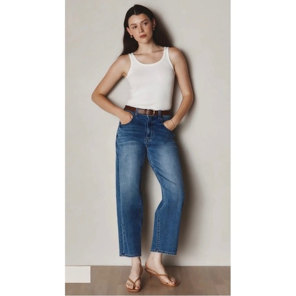 NEW Quince Bella Stretch Barrel Jeans Atlantic Blue High Rise Size 33 - Picture 2 of 14